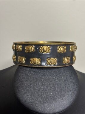 Vintage Brass Gold Accent Black Enamel Bangle Bracelet Victorian
